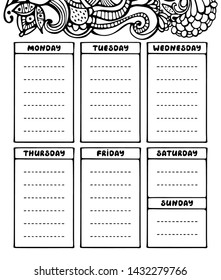 Hand drawing black and white weekly planner template. Cute doodle stationery organizer and schedule for daily plans, diary, schedules. Bullet journal style. Vector illustration. 