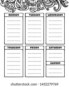 Hand drawing black and white weekly planner template. Cute doodle stationery organizer and schedule for daily plans, diary, schedules. Bullet journal style. Vector illustration. 