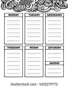 Hand drawing black and white weekly planner template. Cute doodle stationery organizer and schedule for daily plans, diary, schedules. Bullet journal style. Vector illustration. 