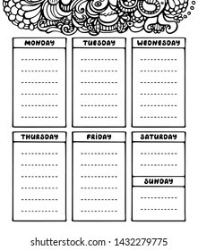 Hand drawing black and white weekly planner template. Cute doodle stationery organizer and schedule for daily plans, diary, schedules. Bullet journal style. Vector illustration. 