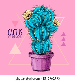 Hand drawing blue fluorescent cactus vector illustration pink background