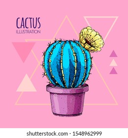 Hand drawing blue fluorescent cactus vector illustration pink background