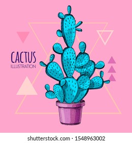 Hand drawing blue fluorescent cactus vector illustration pink background