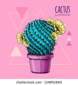 Hand drawing blue fluorescent cactus vector illustration pink background