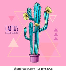 Hand drawing blue fluorescent cactus vector illustration pink background