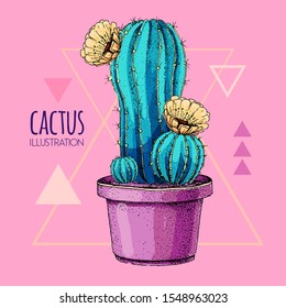 Hand drawing blue fluorescent cactus vector illustration pink background