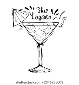 Hand drawing Blue Lagoon cocktail. Alcohol drink with sketch style