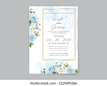 Hand drawing blue roses wedding invitation card