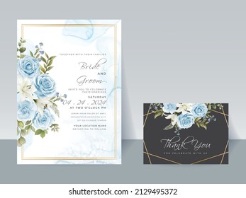 Hand drawing blue roses wedding invitation card
