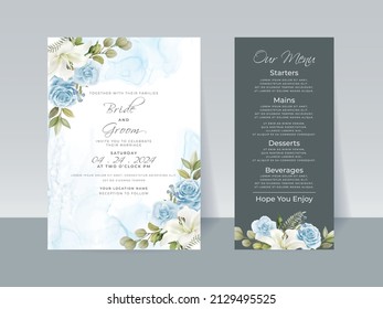 Hand drawing blue roses wedding invitation card