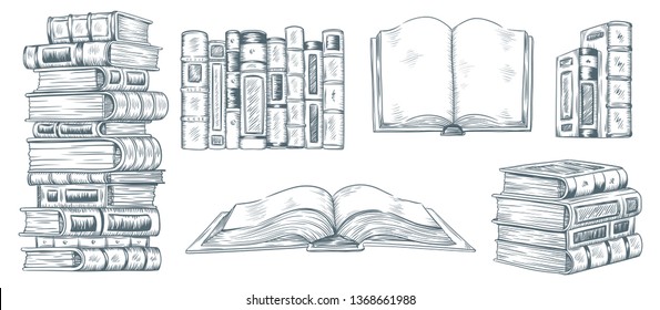 Hand drawing books. Drawn sketch of literature. School or college students library book. University education books or bookstore sketches. Isolated illustration vector icons collection