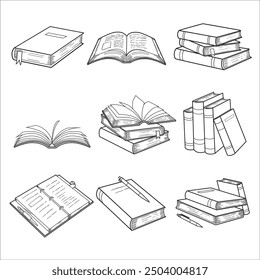 Hand drawing books set. Drawn sketch of literature. School or college students library book illustration vector collection line art.