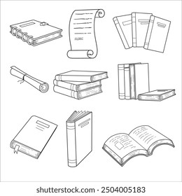 Hand drawing books set. Drawn sketch of literature. School or college students library book illustration vector collection line art.