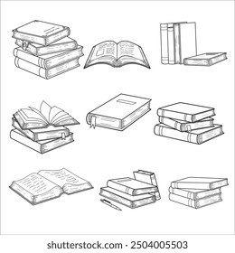 Bücher zum Handzeichnen. Zeichnete Literaturskizze. Schule oder Studenten Bibliothek Buch Illustration Vektorgrafik Kollektion Linie Kunst.