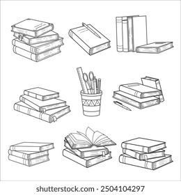 Hand drawing books set. Drawn sketch of literature. School or college students library book illustration vector collection line art.