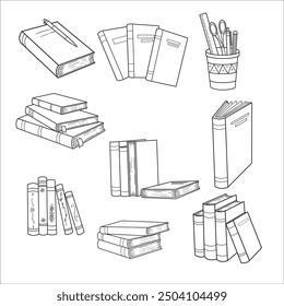 Bücher zum Handzeichnen. Zeichnete Literaturskizze. Schule oder Studenten Bibliothek Buch Illustration Vektorgrafik Kollektion Linie Kunst.