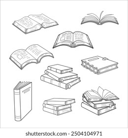 Hand drawing books set. Drawn sketch of literature. School or college students library book illustration vector collection line art.