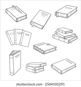 Bücher zum Handzeichnen. Zeichnete Literaturskizze. Schule oder Studenten Bibliothek Buch Illustration Vektorgrafik Kollektion Linie Kunst.