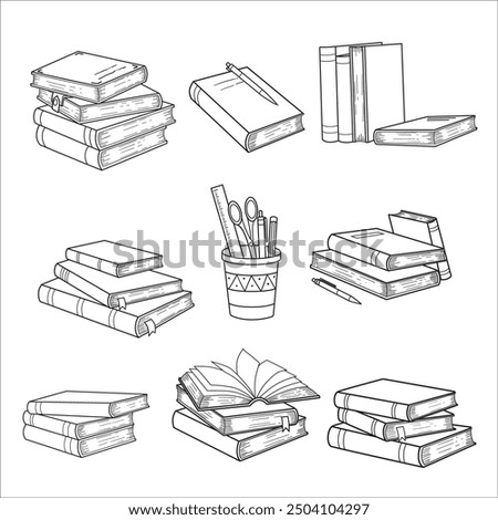 Hand drawing books set. Drawn sketch of literature. School or college students library book illustration vector collection line art.
