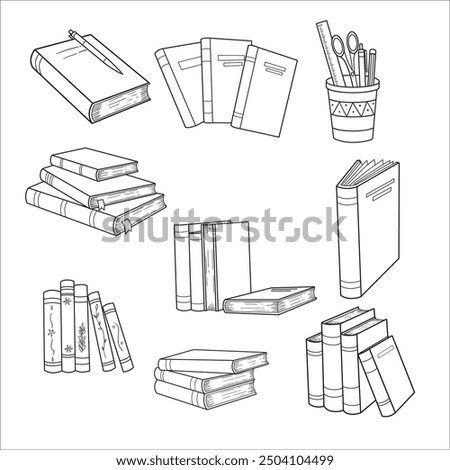 Hand drawing books set. Drawn sketch of literature. School or college students library book illustration vector collection line art.