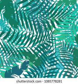 Hand drawing botanical exotic pattern with green palm leaves. Summer background. Vector illustration
