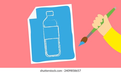 Hand, die eine Flasche Wasser auf ein Blatt Papier zeichnet. Vektorgrafik