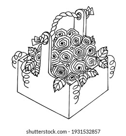 Hand drawing a bouquet of roses in a box on a white background.Vector composition can be used as holiday designs for weddings,birthdays,textiles, and postcards.