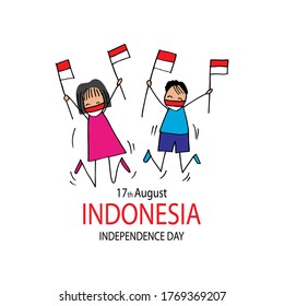 Hand drawing boy and girl holding flag. Independence day of Indonesia.