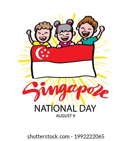Hand drawing boy and girl holding National Singapore flag. August 9th.