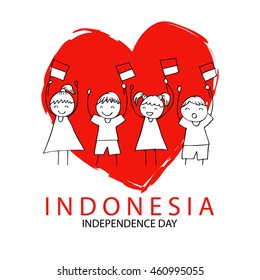 Hand drawing boy and girl holding flag. Independence day of Indonesia.