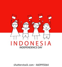 Hand drawing boy and girl holding flag. Independence day of Indonesia.