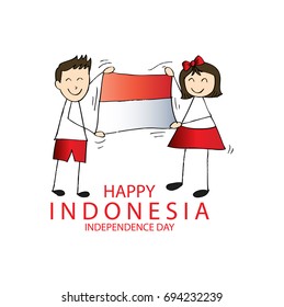 Hand drawing boy and girl holding flag. Independence day of Indonesia.