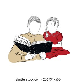 Hand drawing boy and girl reading a book. Cosmic night sky with stars. School-age boy in shirt and pre-school girl in red dress. Portrait Brother and sister. Vector illustration. 