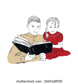 Hand drawing boy and girl reading a book. Cosmic night sky with stars. School-age boy in shirt and pre-school girl in red dress. Portrait Brother and sister. Vector illustration. 