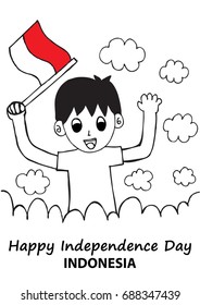 Hand drawing boy holding flag. Independence day of Indonesia.