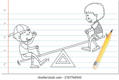 Hand drawing of boy playing seesaw outline illustration