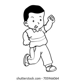 Hand drawing of boy running isolated on white background. Black and White simple line Vector Illustration for Coloring Book - Line Drawn Vector
