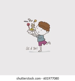Hand drawing a boy with toy box vector cartoon.