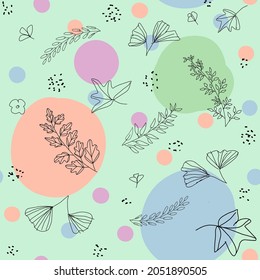 Hand drawing branch leaves and flower pattern vector design on colorful background. garden flower and plant pattern for print ,paper,fashion,fabric and wallpaper design.