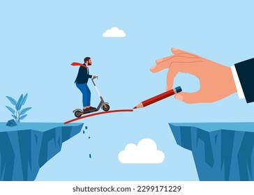 Hand drawing a bridge over an abyss for Businessman on a electric scooter. Flat vector illustration.