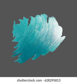 Hand drawing of bright blue brush stroke on grey background, metal glittering paint stain, shining effect, luxury element, vector illustration