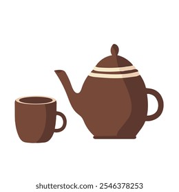 Uma ilustração de vetor marrom desenhada à mão de uma xícara de chá quente ou café e uma chaleira de argila isolada sobre um fundo branco
