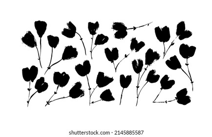 Hand drawing brush flowers in heart shapes on white background. Black ink drawing flowers and plants, artistic botanical illustration. Small wild plants, herbs, leaves with branches. Black silhouettes