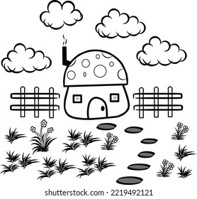 Hand drawing brush mushroom house