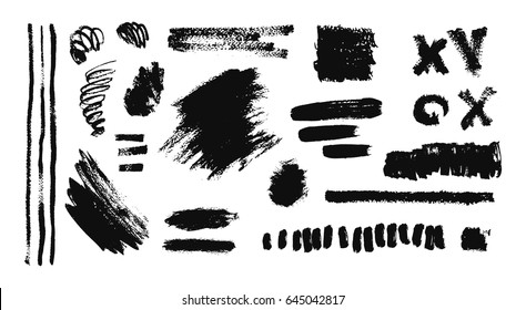 Hand drawing  brush stroke.  Set of black paint, ink brushes, lines. Isolated watercolor stain, makeup items. 