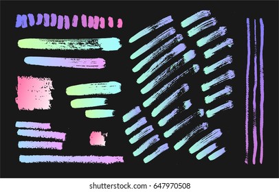 Hand drawing brush stroke. Set of black paint, ink brushes, lines. Isolated watercolor stain, makeup items.