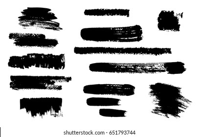 Hand drawing brush stroke. Set of black paint, ink brushes, lines. Isolated watercolor stain.