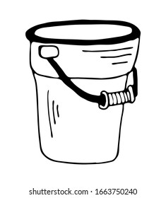 Hand drawing bucket for the garden vector illustration in doodle style. Black and white gardening tool.
