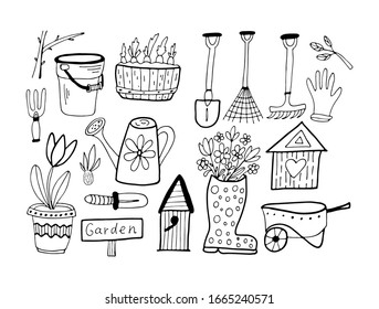 Hand drawing bucket, rake, shovel, flowers, seeds in a pot, wheelbarrow, watering can for the garden. Vector illustration in doodle style. Black and white gardening tool.