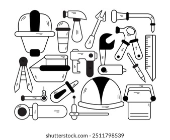 Handzeichnung von Builder-Tools in Schwarz-Weiß-Doodle-Stil